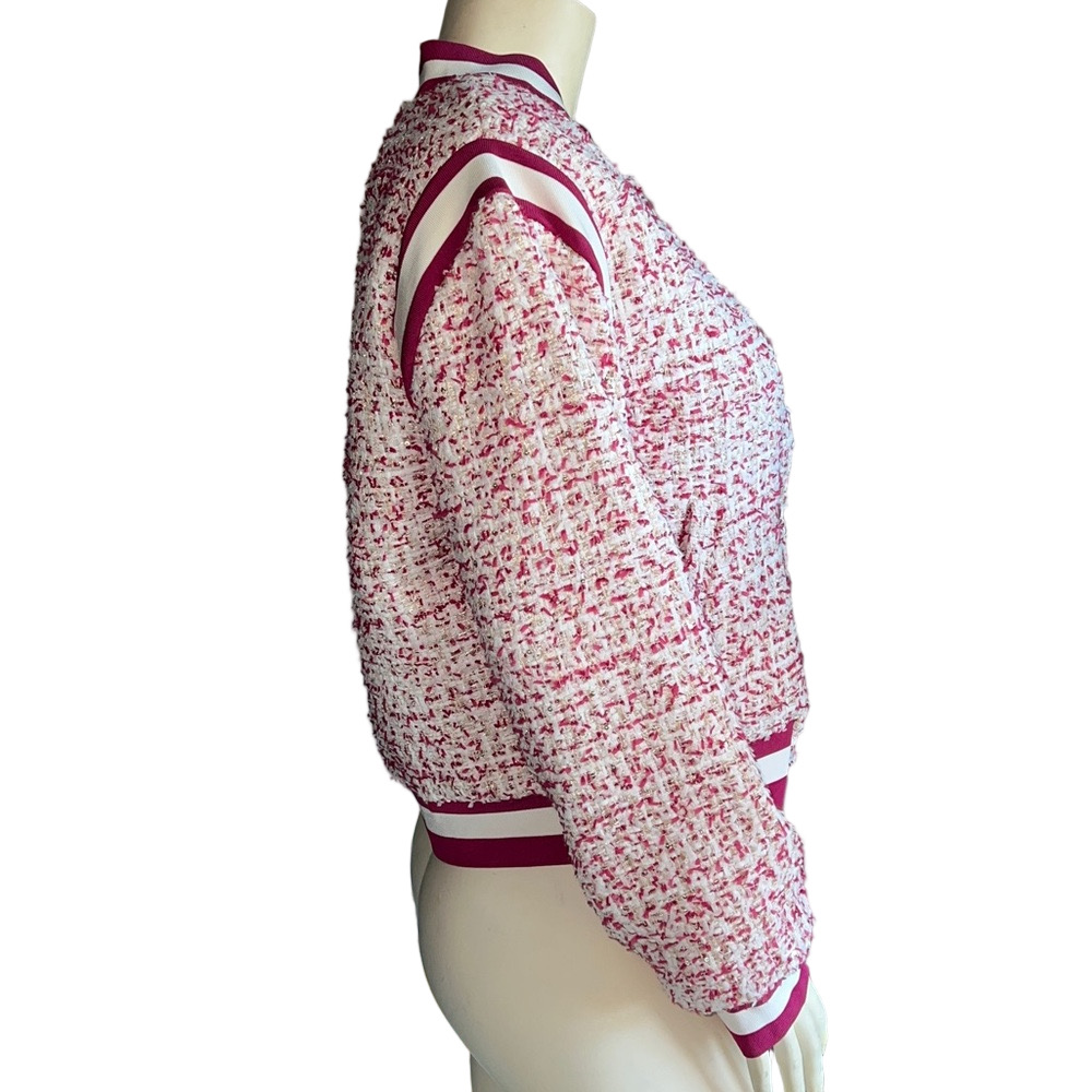 ALICE + OLIVIA Keri Varsity Bouclé-Tweed Bomber Jacket. Size Large. - Picture 9 of 12